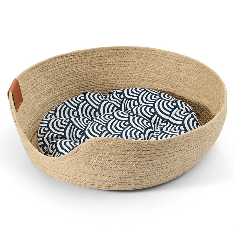 Yokee Pet Cat Mat Dog Bed Sofa Handmade Bamboo Weaving Four Season Cozy Nest Baskets Waterproof Removable Cushion Sleeping House