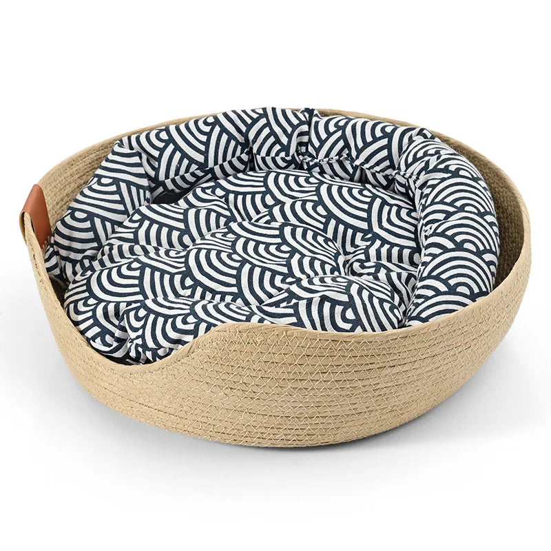 Yokee Pet Cat Mat Dog Bed Sofa Handmade Bamboo Weaving Four Season Cozy Nest Baskets Waterproof Removable Cushion Sleeping House