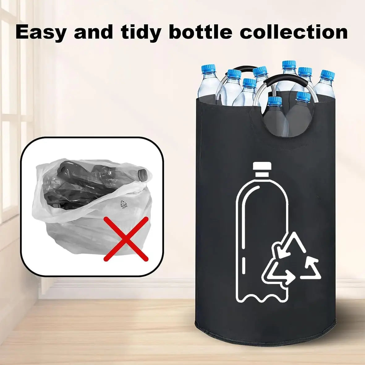 82L Black Recycling Bin for Kitchen Recycling Bag Foldable Deposit Bottles Collection Container Oxford Cloth Storage for Bottles