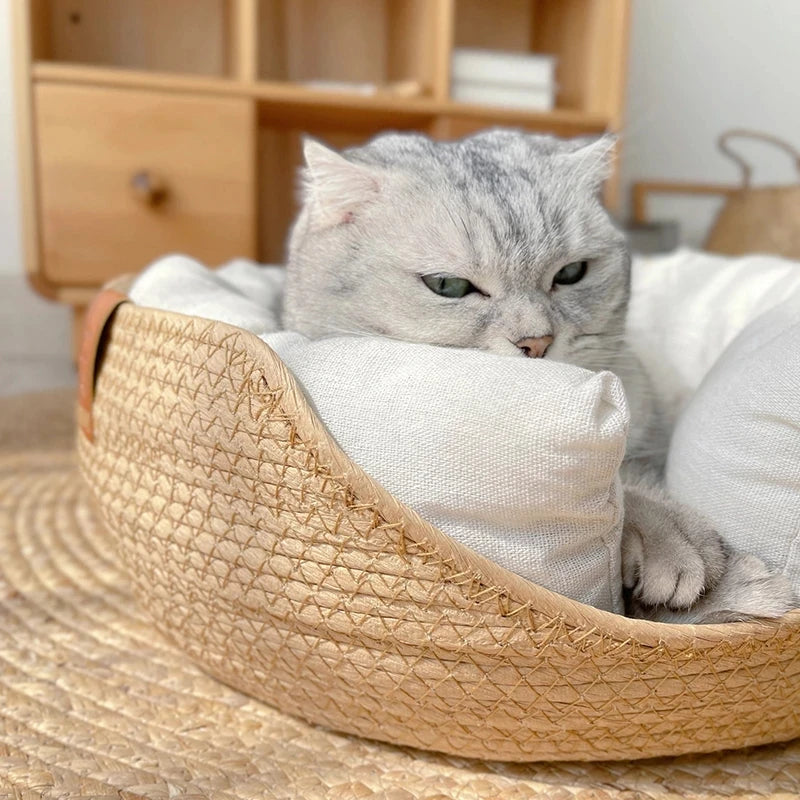 Yokee Pet Cat Mat Dog Bed Sofa Handmade Bamboo Weaving Four Season Cozy Nest Baskets Waterproof Removable Cushion Sleeping House