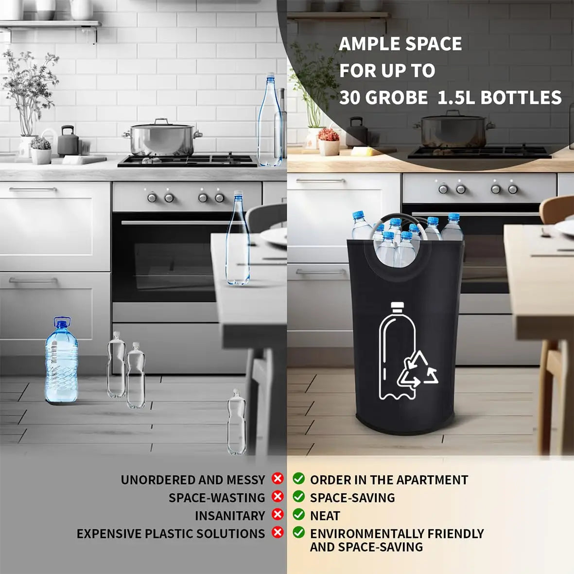 82L Black Recycling Bin for Kitchen Recycling Bag Foldable Deposit Bottles Collection Container Oxford Cloth Storage for Bottles