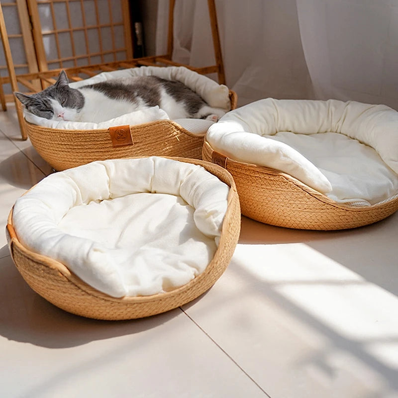 Yokee Pet Cat Mat Dog Bed Sofa Handmade Bamboo Weaving Four Season Cozy Nest Baskets Waterproof Removable Cushion Sleeping House