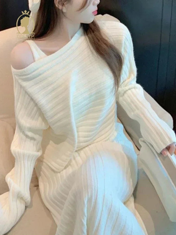 Women's Dress Sets Autumn Winter 2024 New Temperament Pullover Long Sleeve Knit Sundress Fashion Two-piece Dress Set for Women