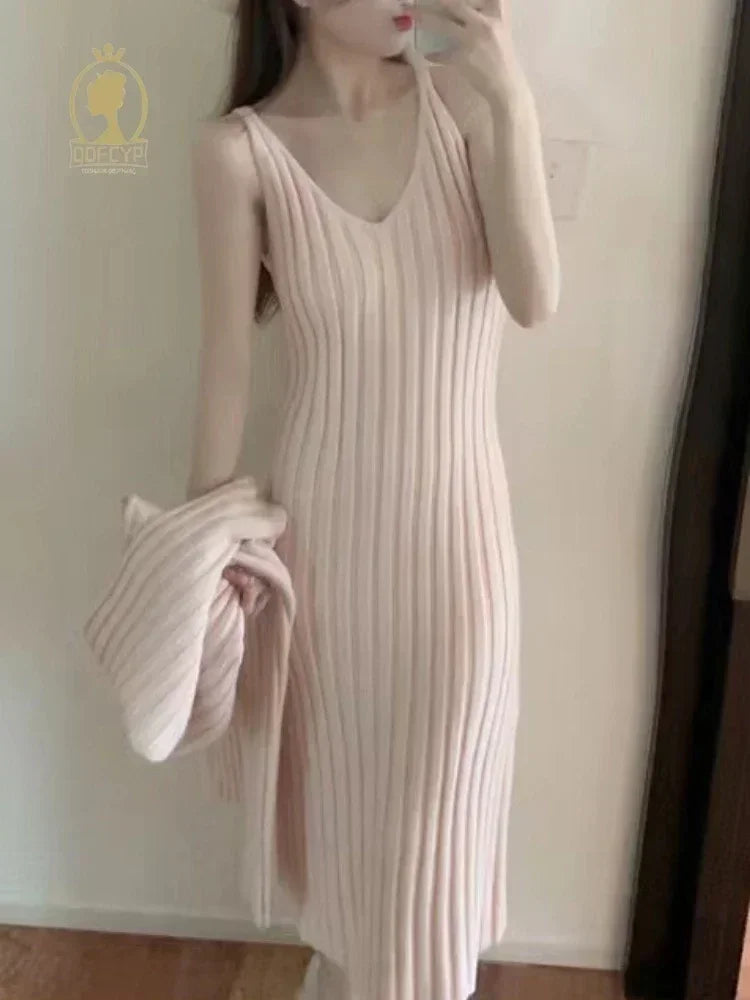 Women's Dress Sets Autumn Winter 2024 New Temperament Pullover Long Sleeve Knit Sundress Fashion Two-piece Dress Set for Women