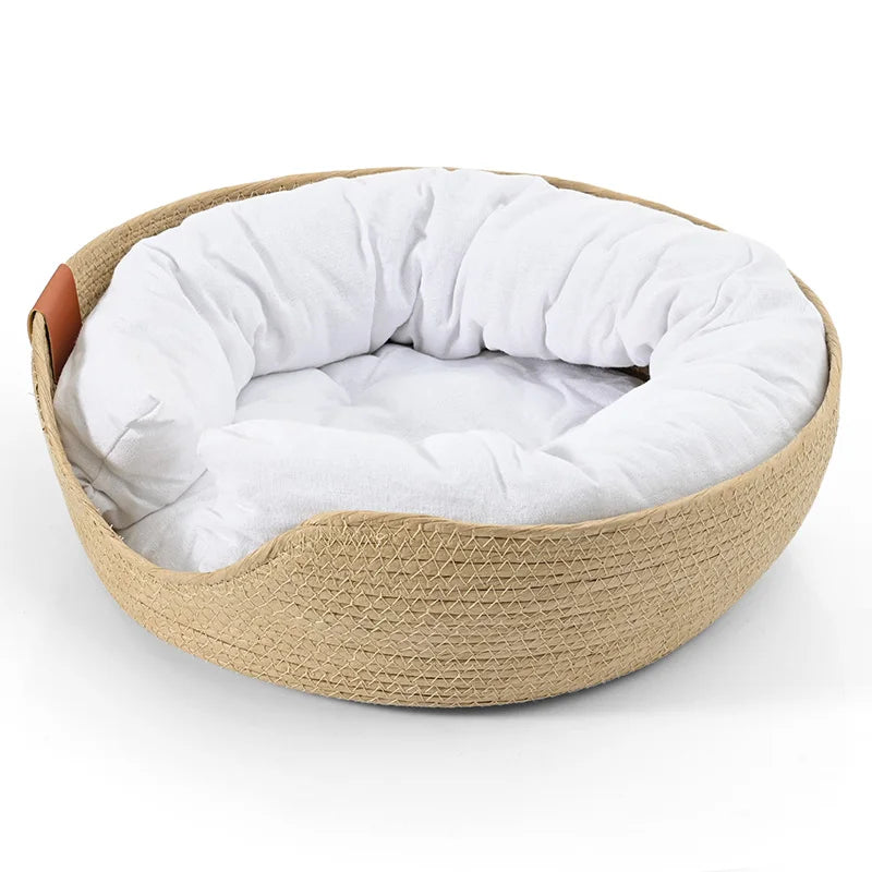 Yokee Pet Cat Mat Dog Bed Sofa Handmade Bamboo Weaving Four Season Cozy Nest Baskets Waterproof Removable Cushion Sleeping House
