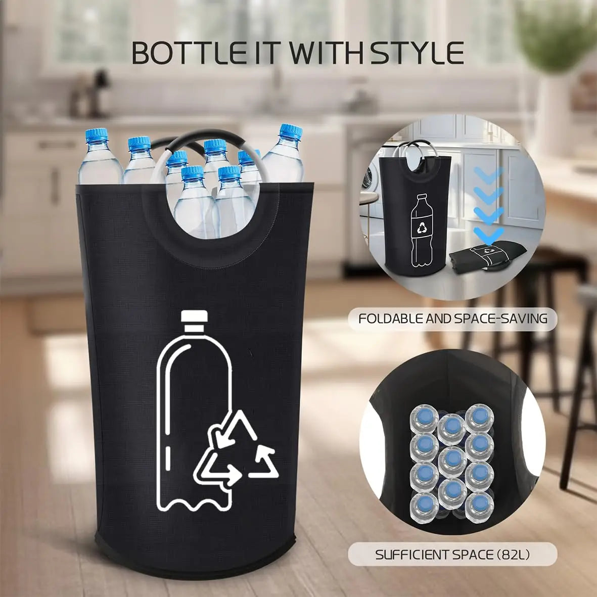 82L Black Recycling Bin for Kitchen Recycling Bag Foldable Deposit Bottles Collection Container Oxford Cloth Storage for Bottles