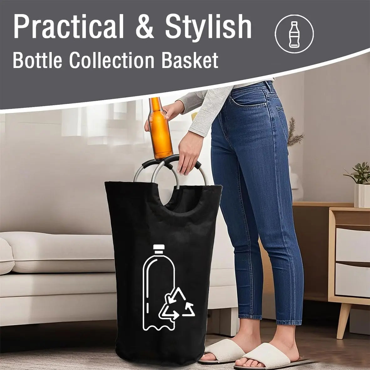 82L Black Recycling Bin for Kitchen Recycling Bag Foldable Deposit Bottles Collection Container Oxford Cloth Storage for Bottles