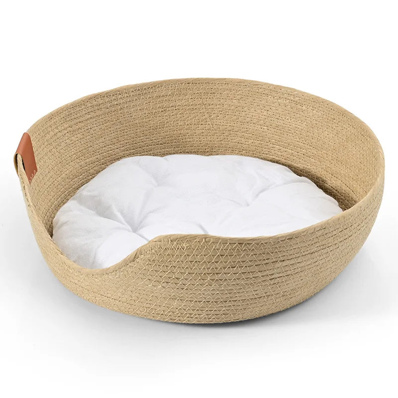 Yokee Pet Cat Mat Dog Bed Sofa Handmade Bamboo Weaving Four Season Cozy Nest Baskets Waterproof Removable Cushion Sleeping House