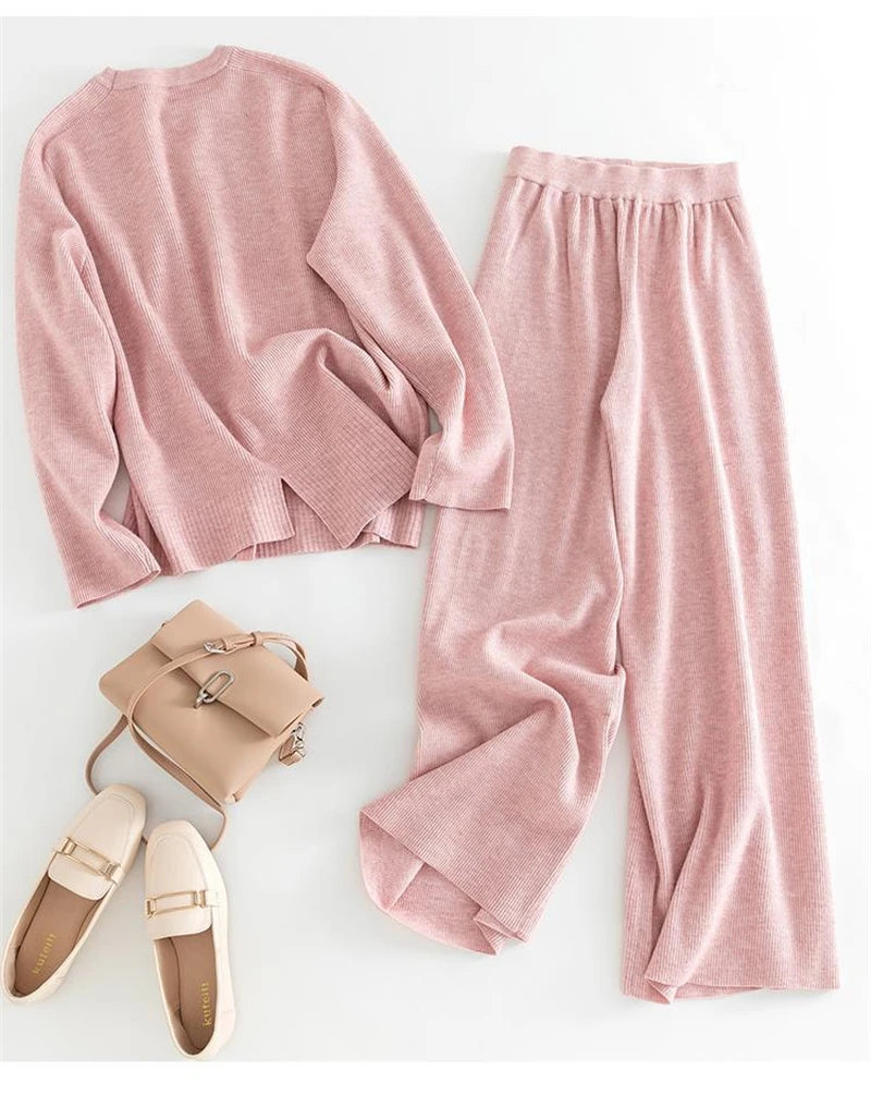 Fashion Knitted 2 Piece Sets Women Outfit Autumn Clothes Women 2024 Pullover Sweater Top + Pants Sets Casual Sweatsuit Woman Set